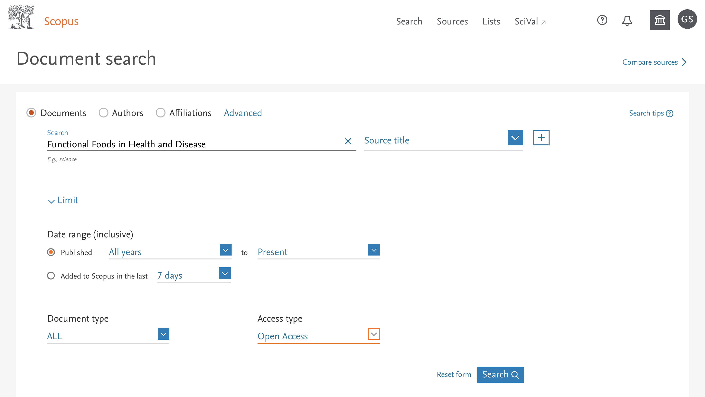 Scopus Document search screen using Source Title to search for the FFHDJ